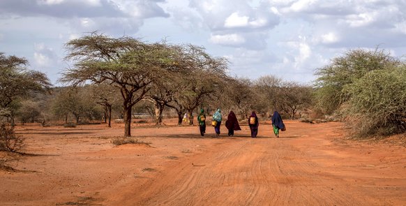 A group of women walks to collect water from a newly rehabilitated water tank close to Tarama village in north eastern Kenya, March 28, 2019. Drought has been gripping communities in a daily struggle for survival and water has become a precious commodity that only a few can afford in this region.