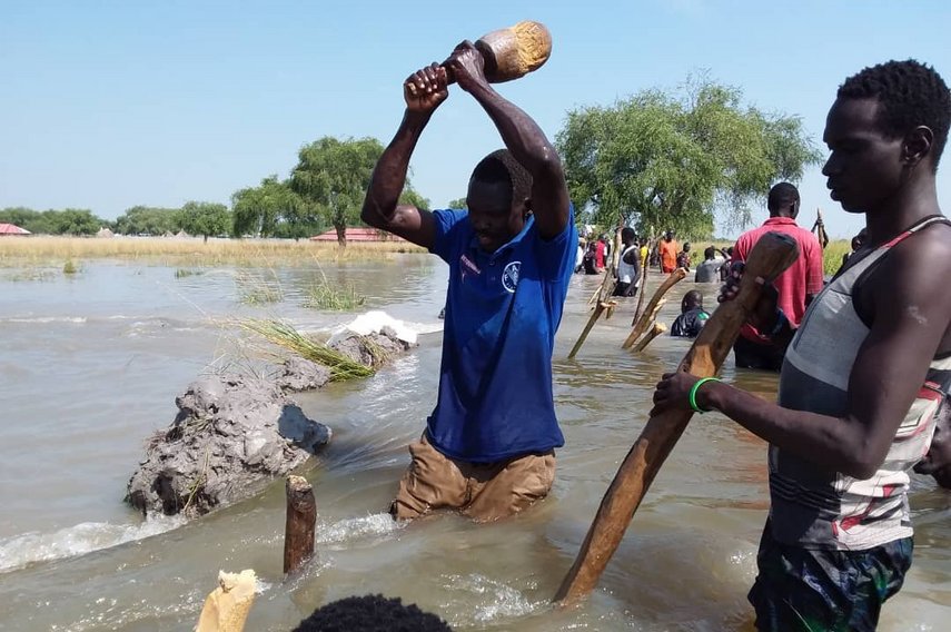 Ein Mann schlägt im Hüfthohen Wasser mit einem Holzhammer auf einen Holzpfahl, um im Südsudan einen Schutzdeich gegen das Hochwasser zu errichten.