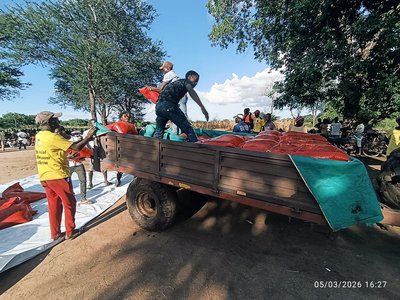 Mitarbeitende von CEDES laden Waren von einem LKW ab, die sie verteilen wollen