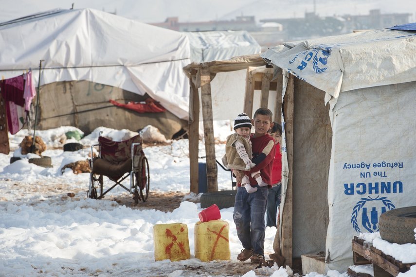 Syrische Flüchtlinge in einem Zeltlager in der Bekaa-Hochebene im Libanon. 